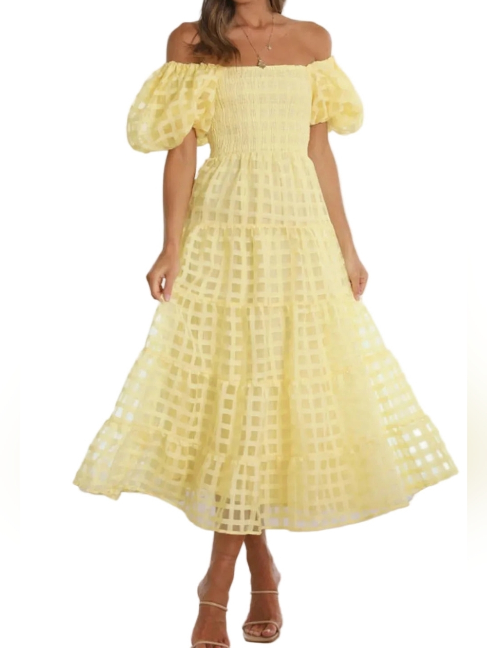 Off Shoulder Short Puff Sleeve Elastic Smocked Bodice Tiered A-line Midi Dress - Picture 9 of 14